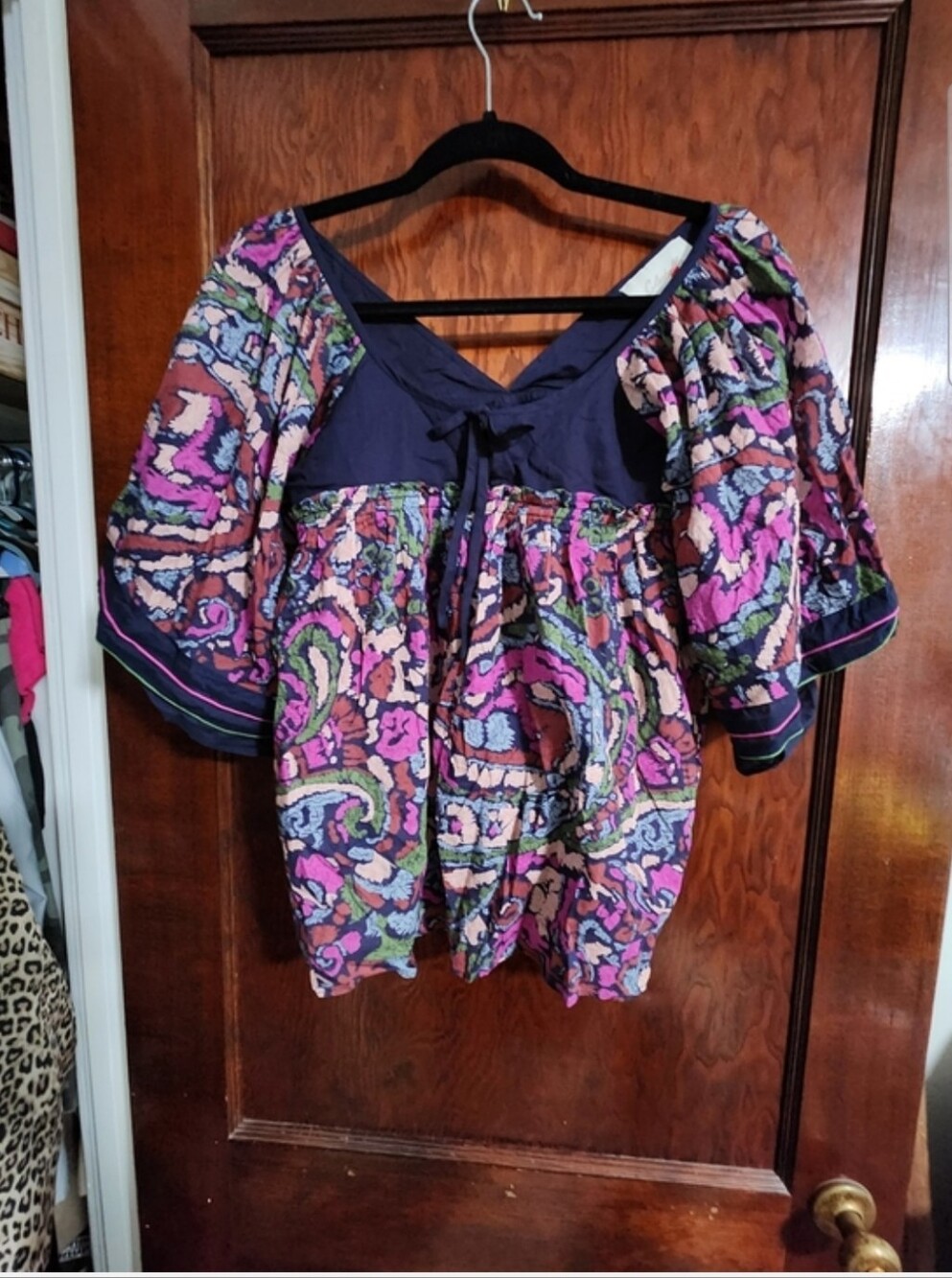 Cleobella Boho Artisan Hand-Printed Blouse Top Navy Purple Pink S NWOT